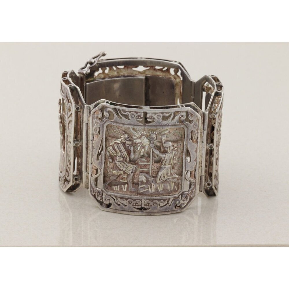 Sterling Silver Aztec Mayan Bracelet 6 3/4" inch - Picture 2 of 9